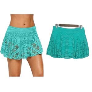 Rekita Sz L Turquoise Blue Geometric Laser Cut Mesh Swim‎ Skirt Built In Panties